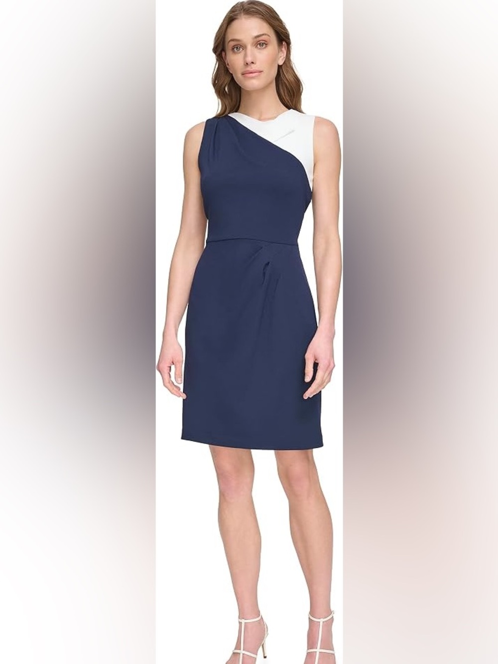 DKNY Navy Ivory Colorblock Foldover Neck Shift Dress Size 10